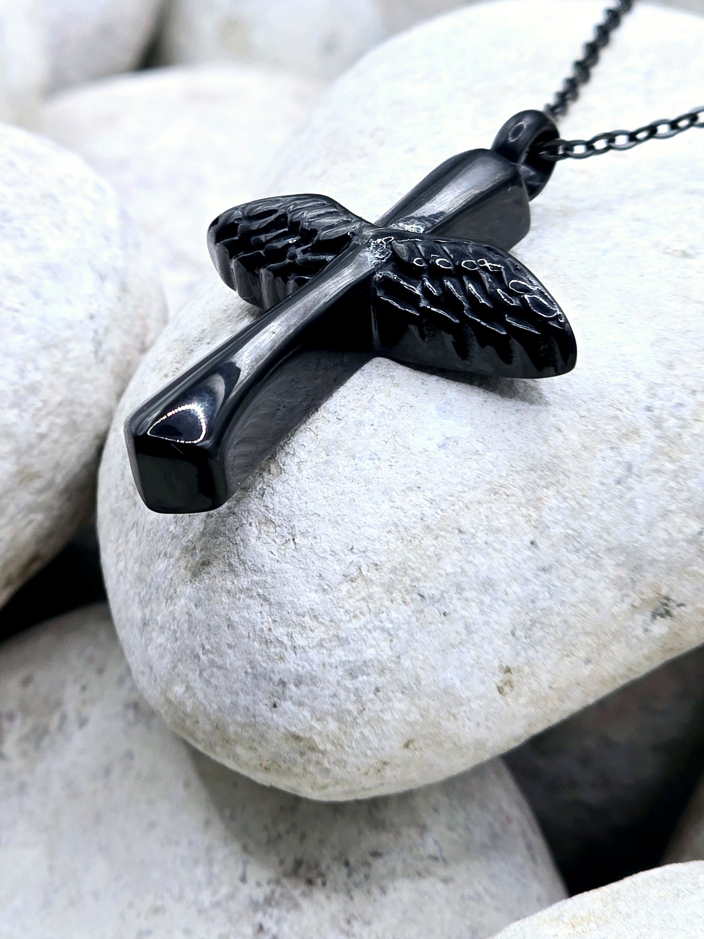 Angel wing cross urn pendant and chain