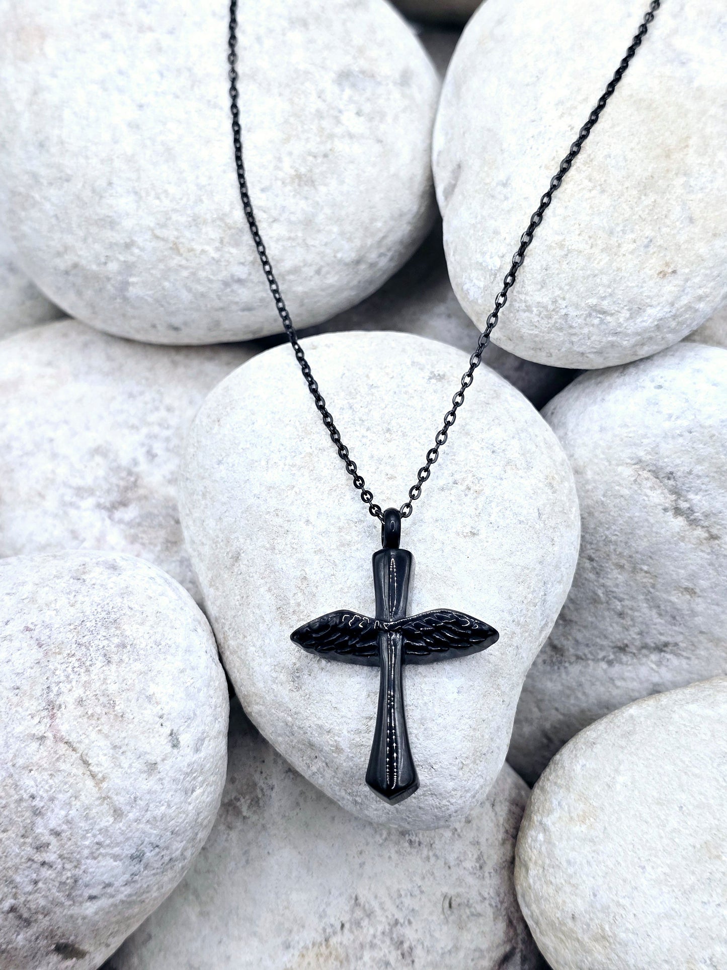 Angel wing cross urn pendant and chain