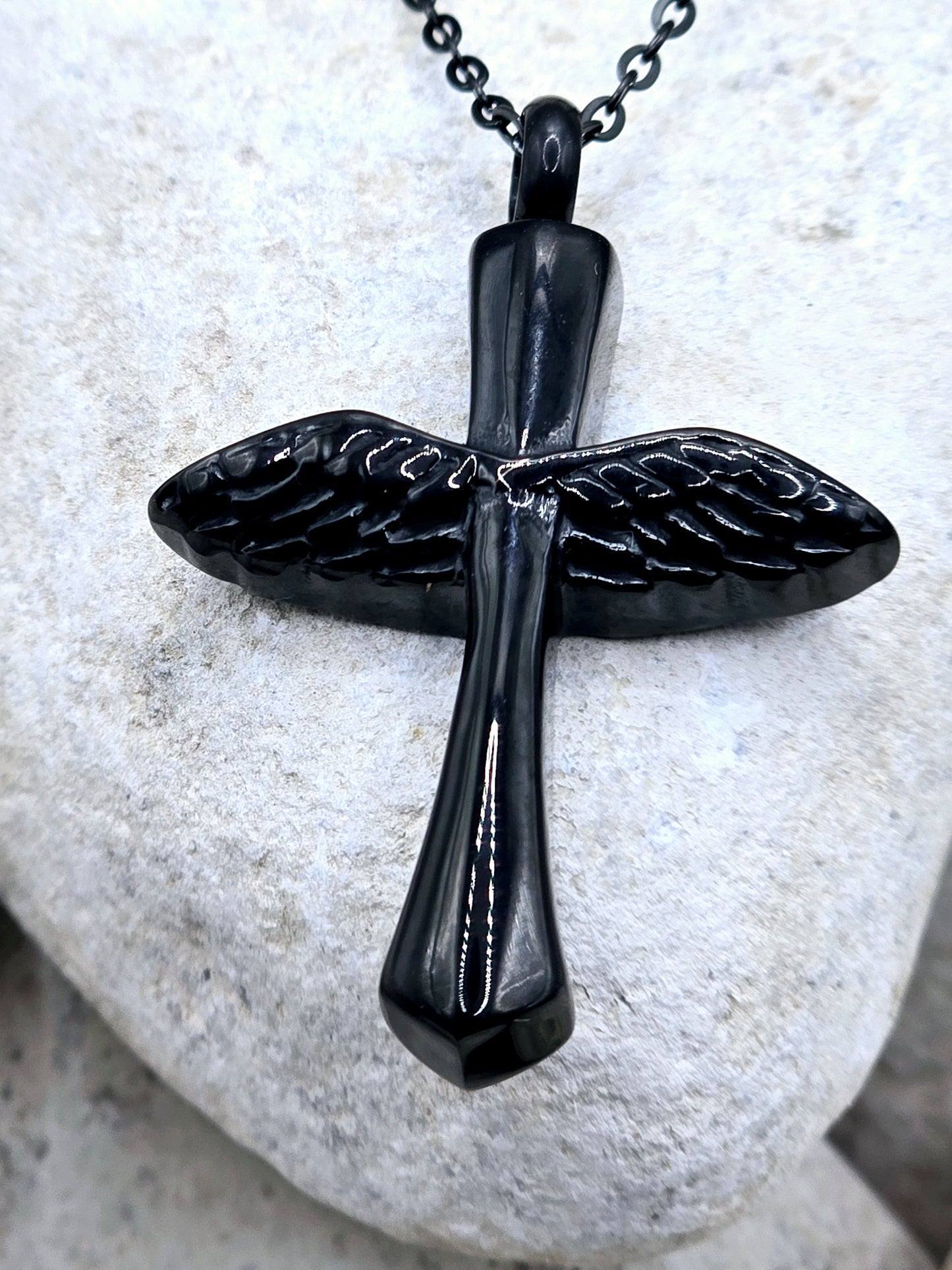 Angel wing cross urn pendant and chain
