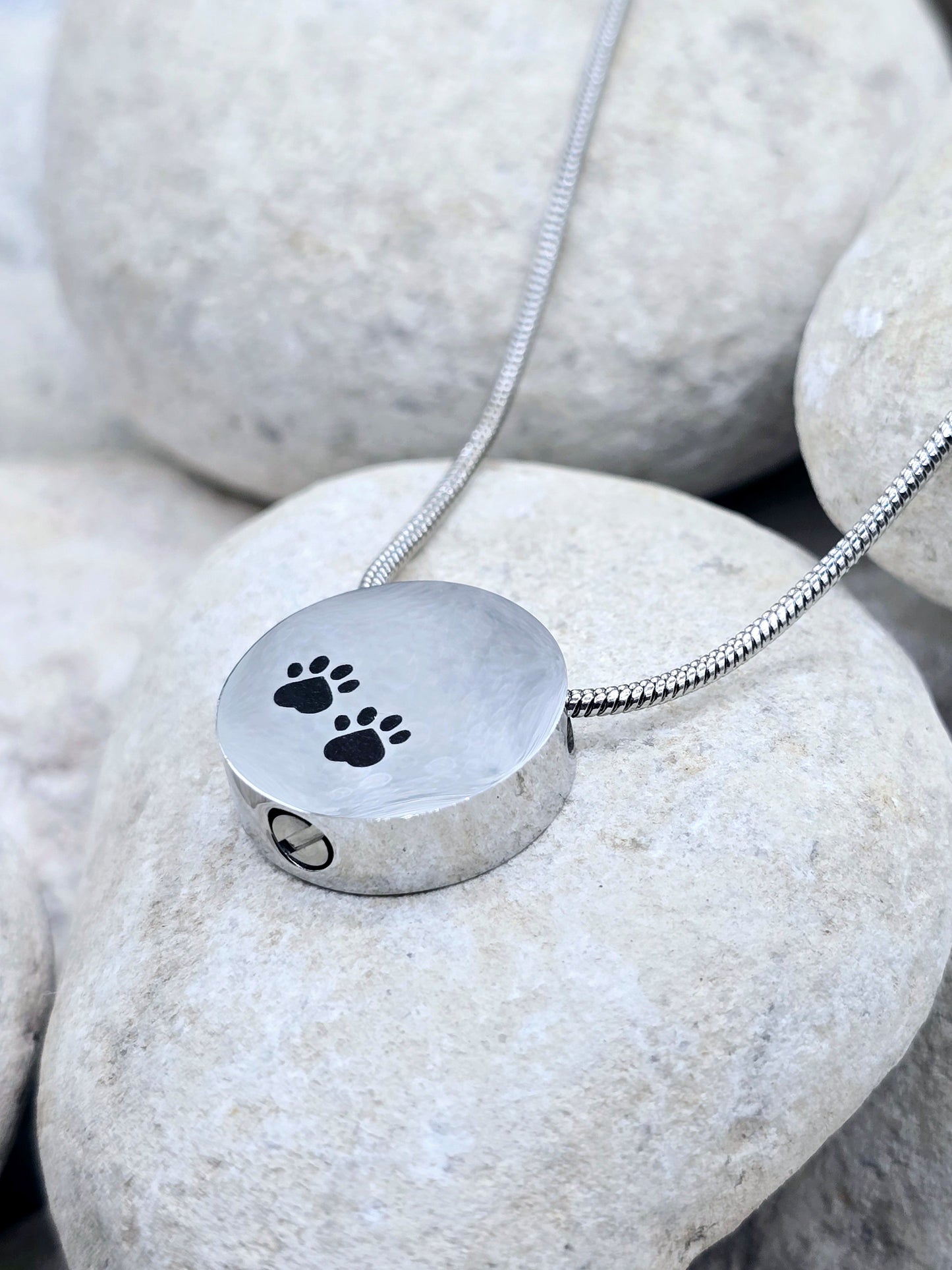 Silver round pet urn necklace