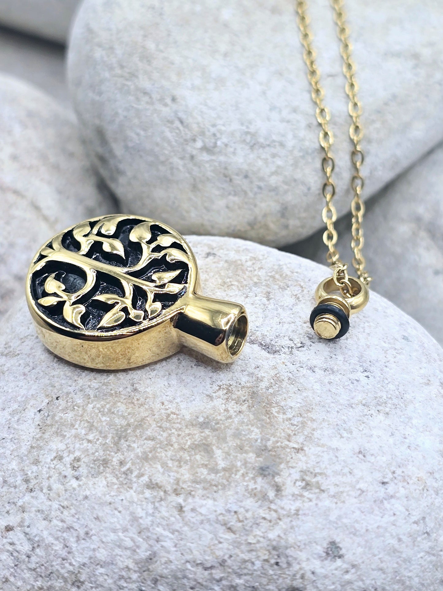 Gold tree urn pendant and chain
