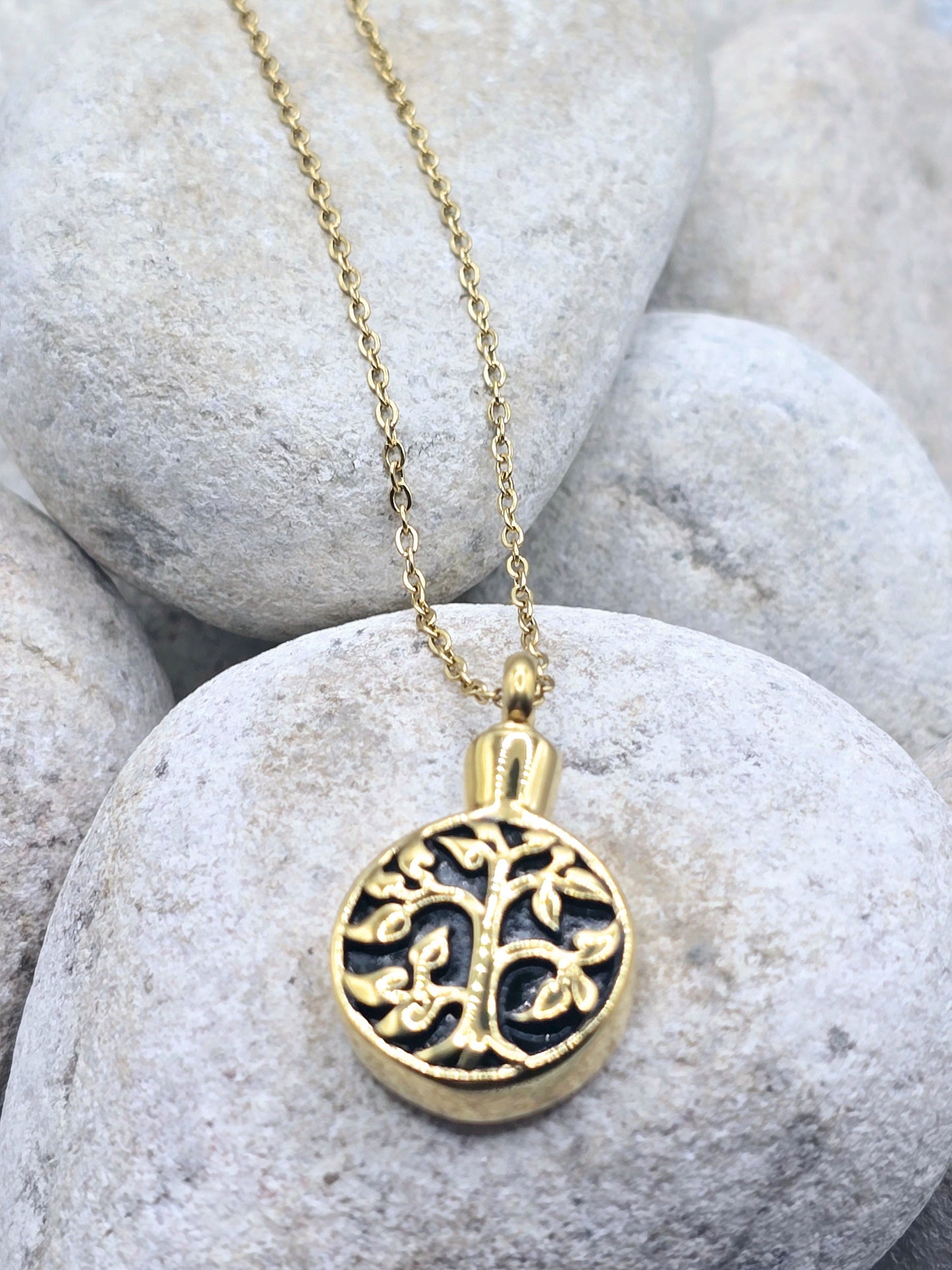 Gold tree urn pendant and chain