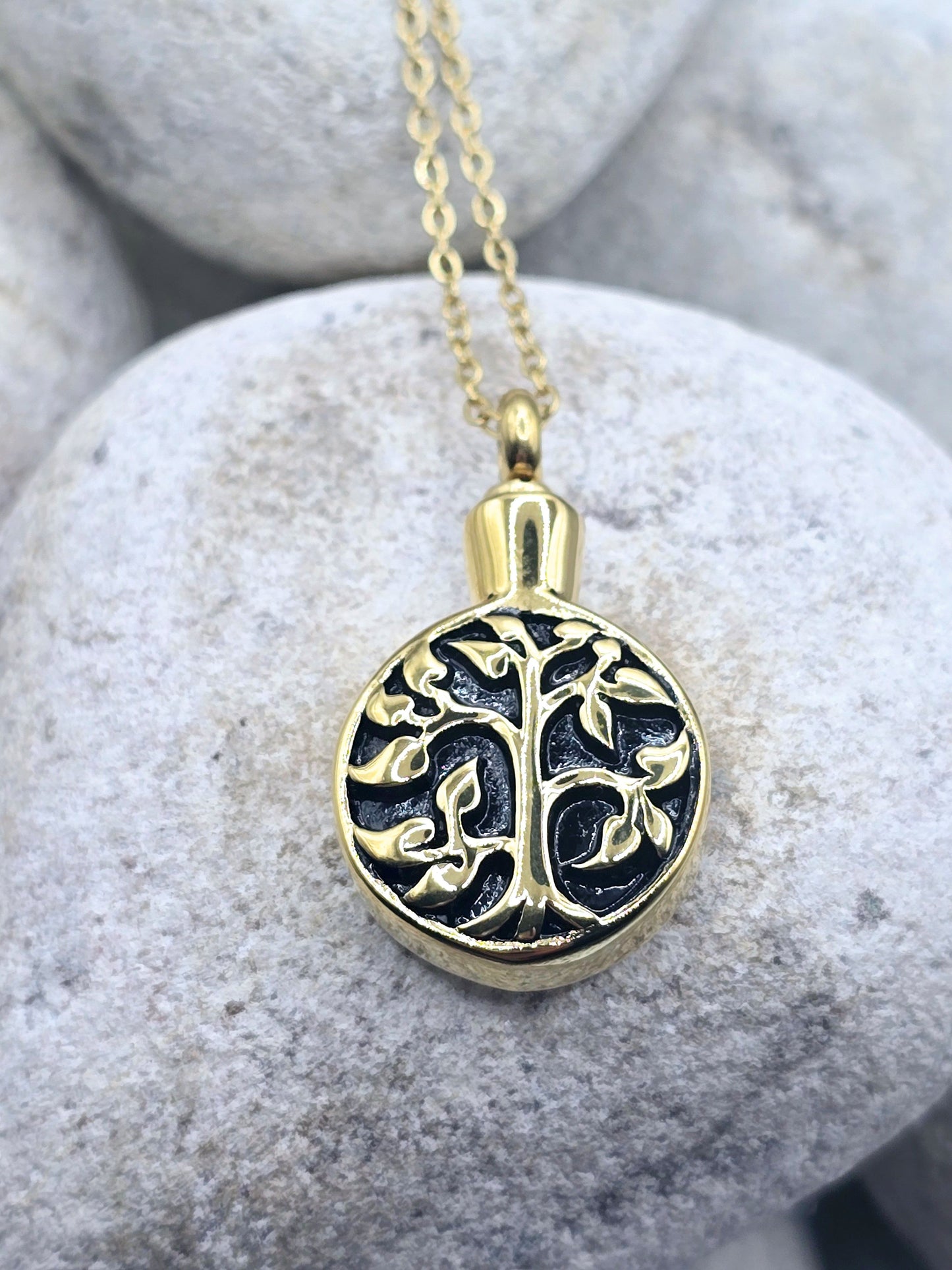 Gold tree urn pendant and chain