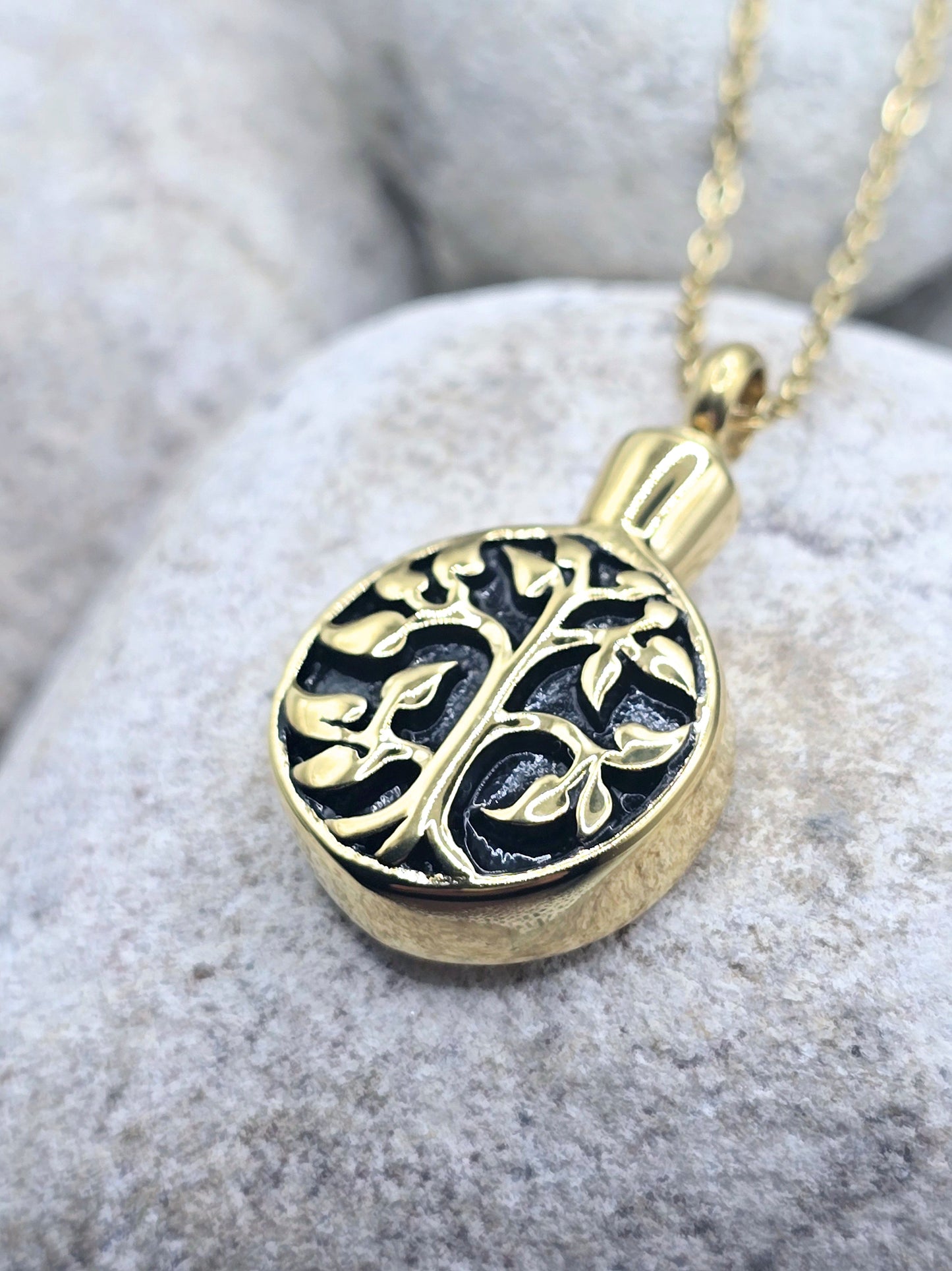 Gold tree urn pendant and chain