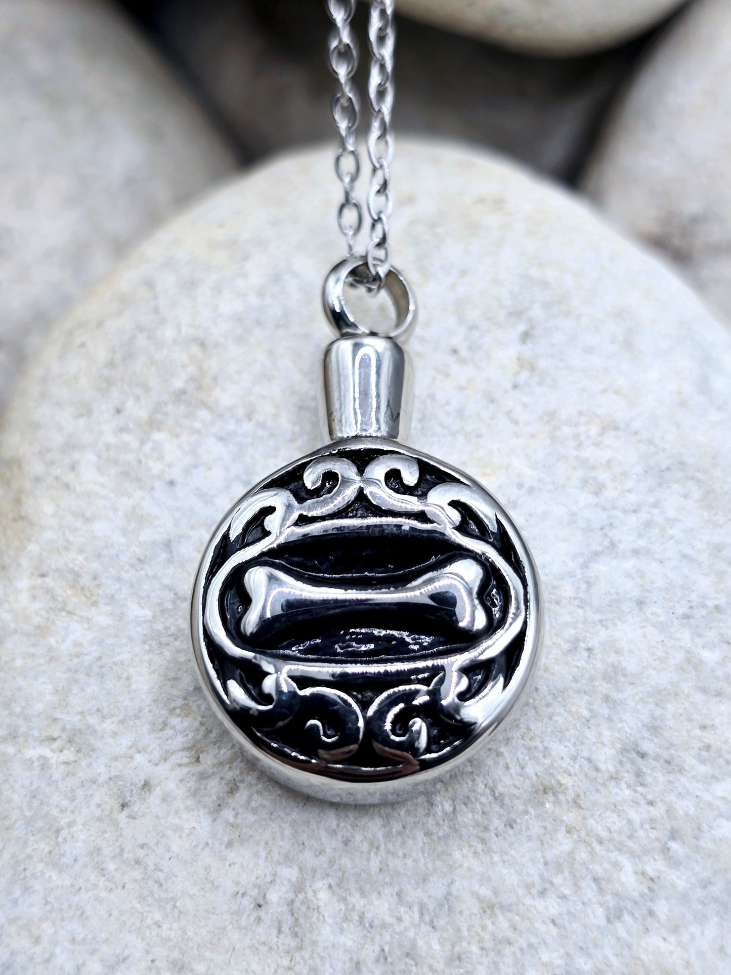 Round pendant with engraved dog bone necklace