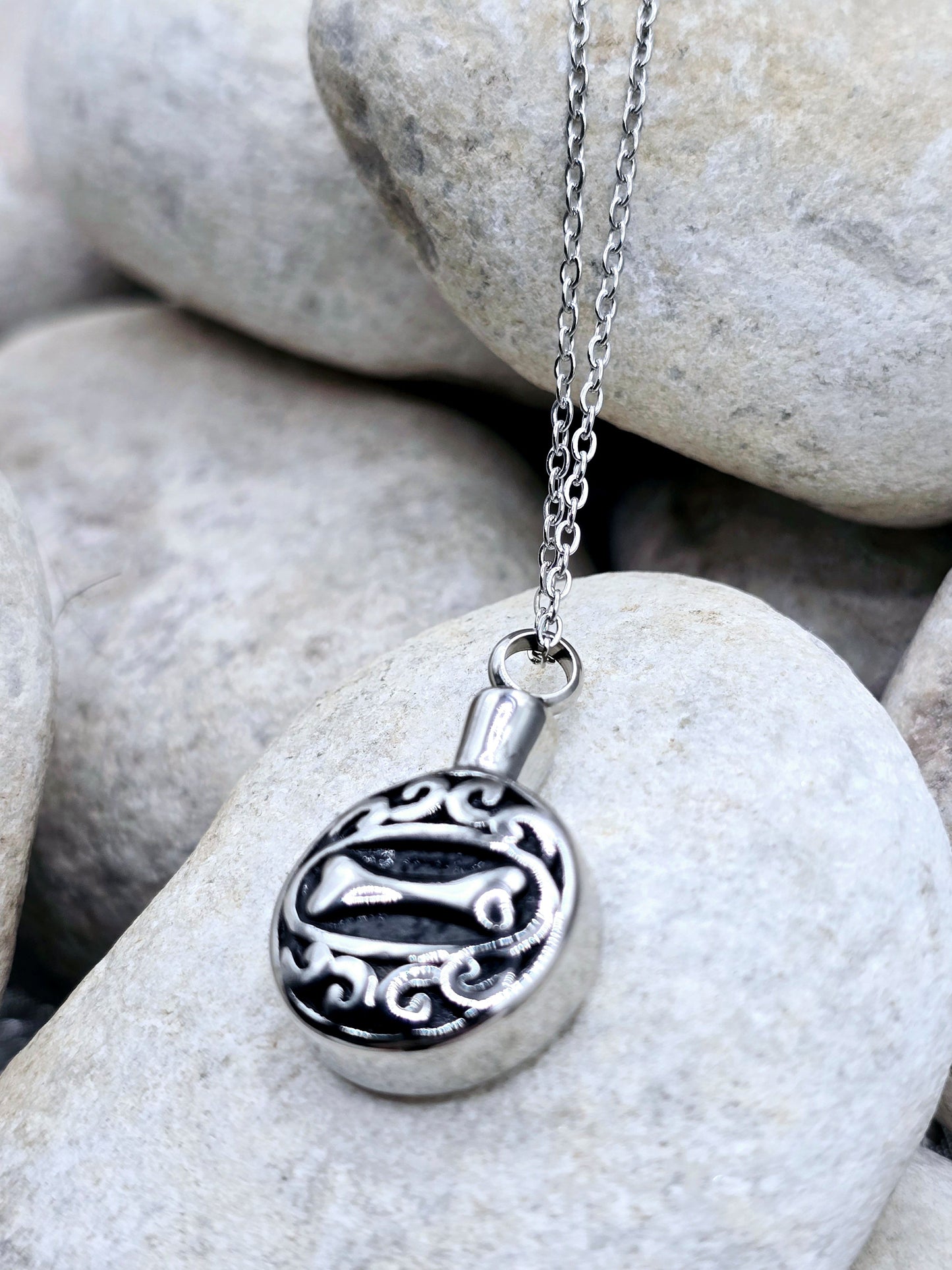 Round pendant with engraved dog bone necklace