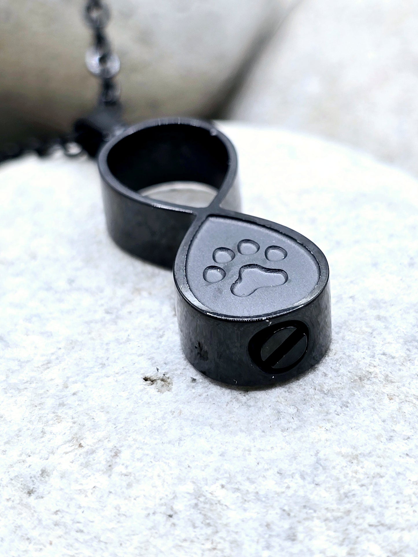 Black infinity paw print urn necklace