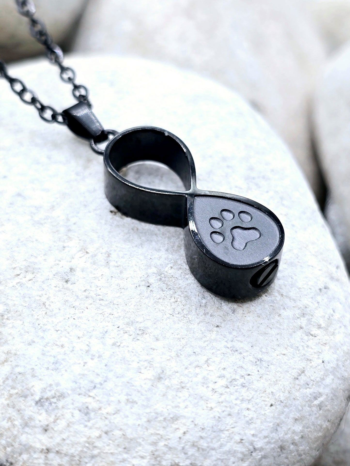 Black infinity paw print urn necklace