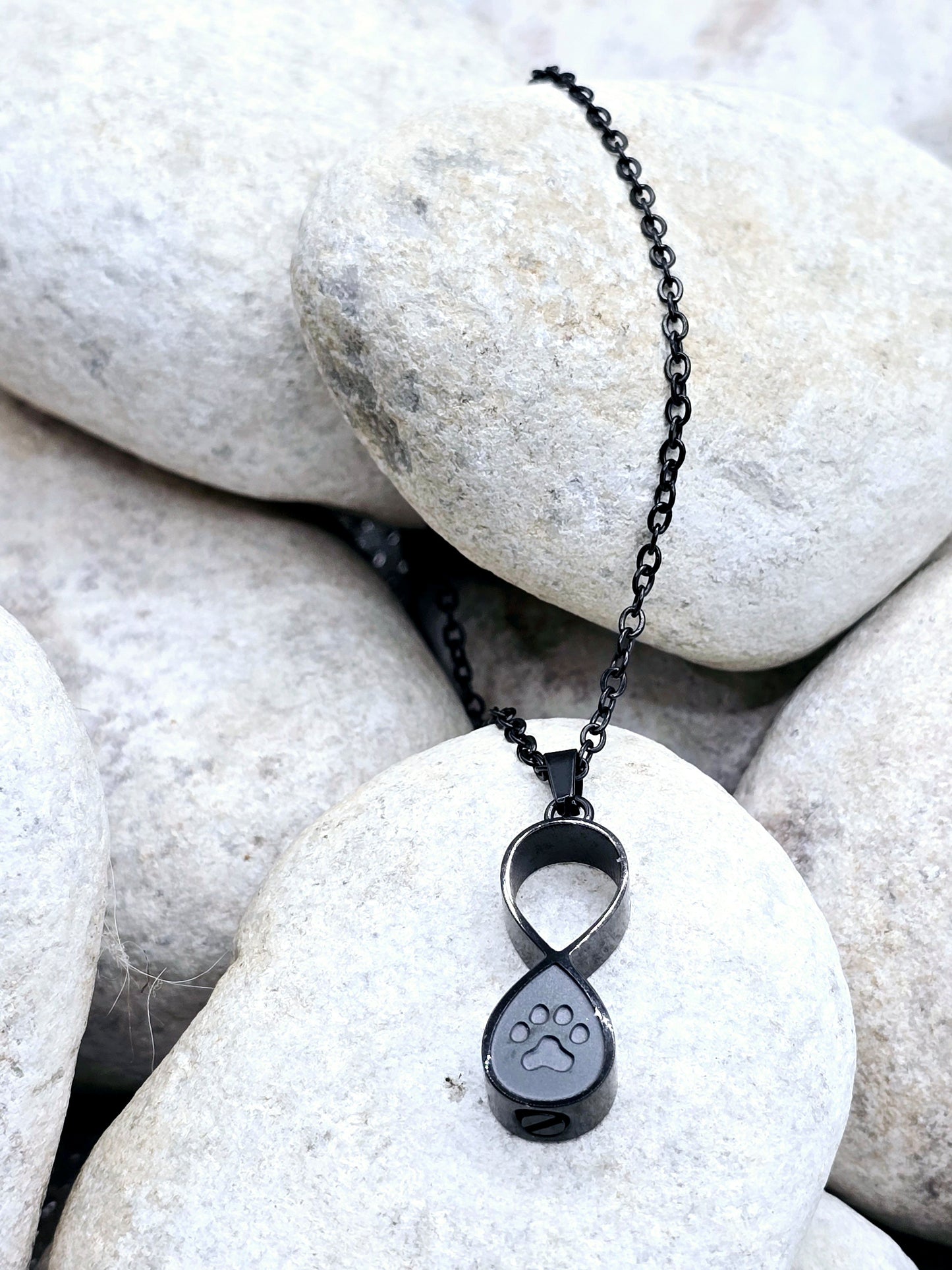 Black infinity paw print urn necklace