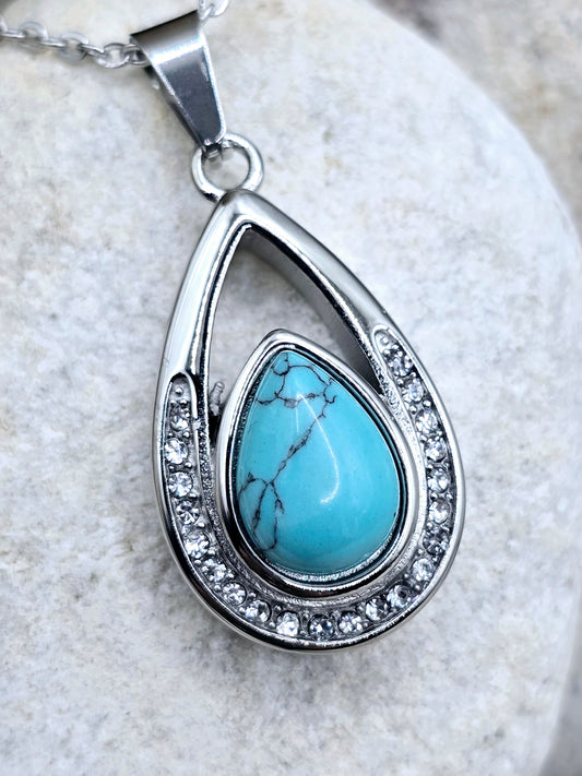 Blue stone teardrop pendant and chain