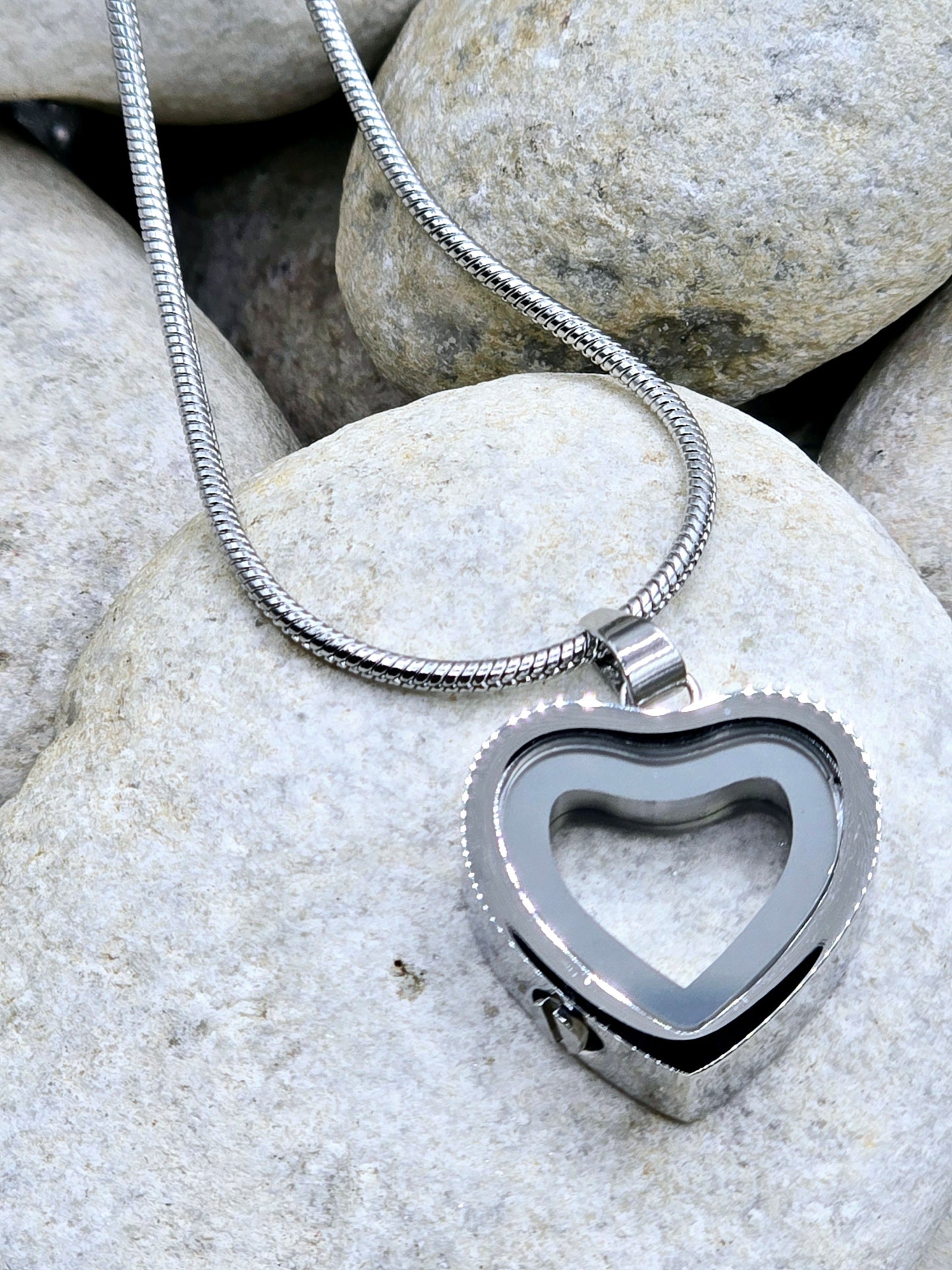 Silver glass window heart pendant and chain