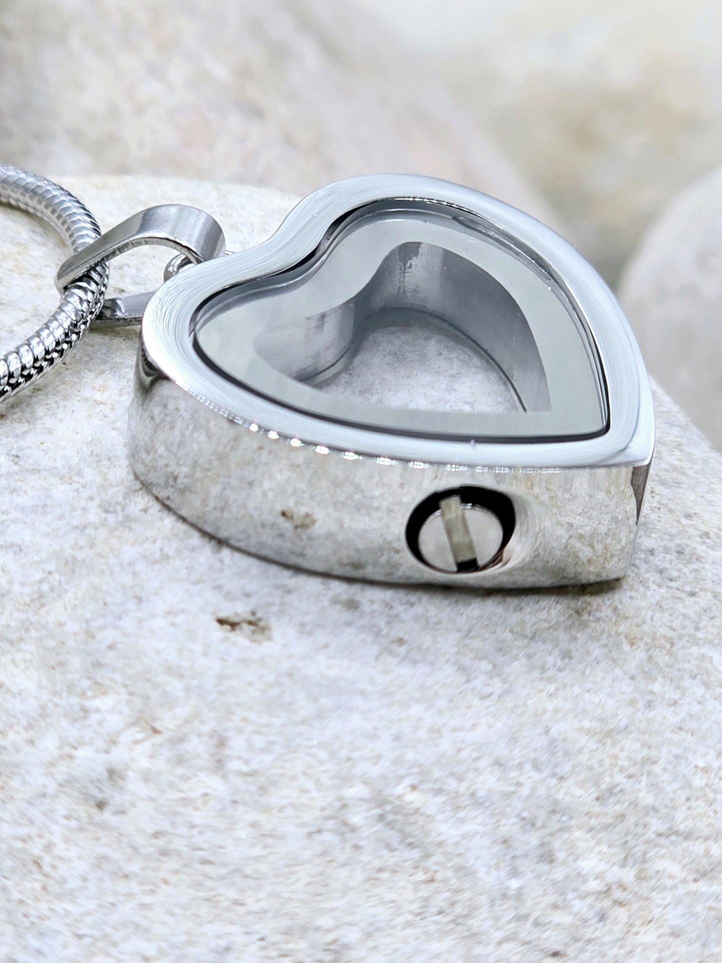 Silver glass window heart pendant and chain