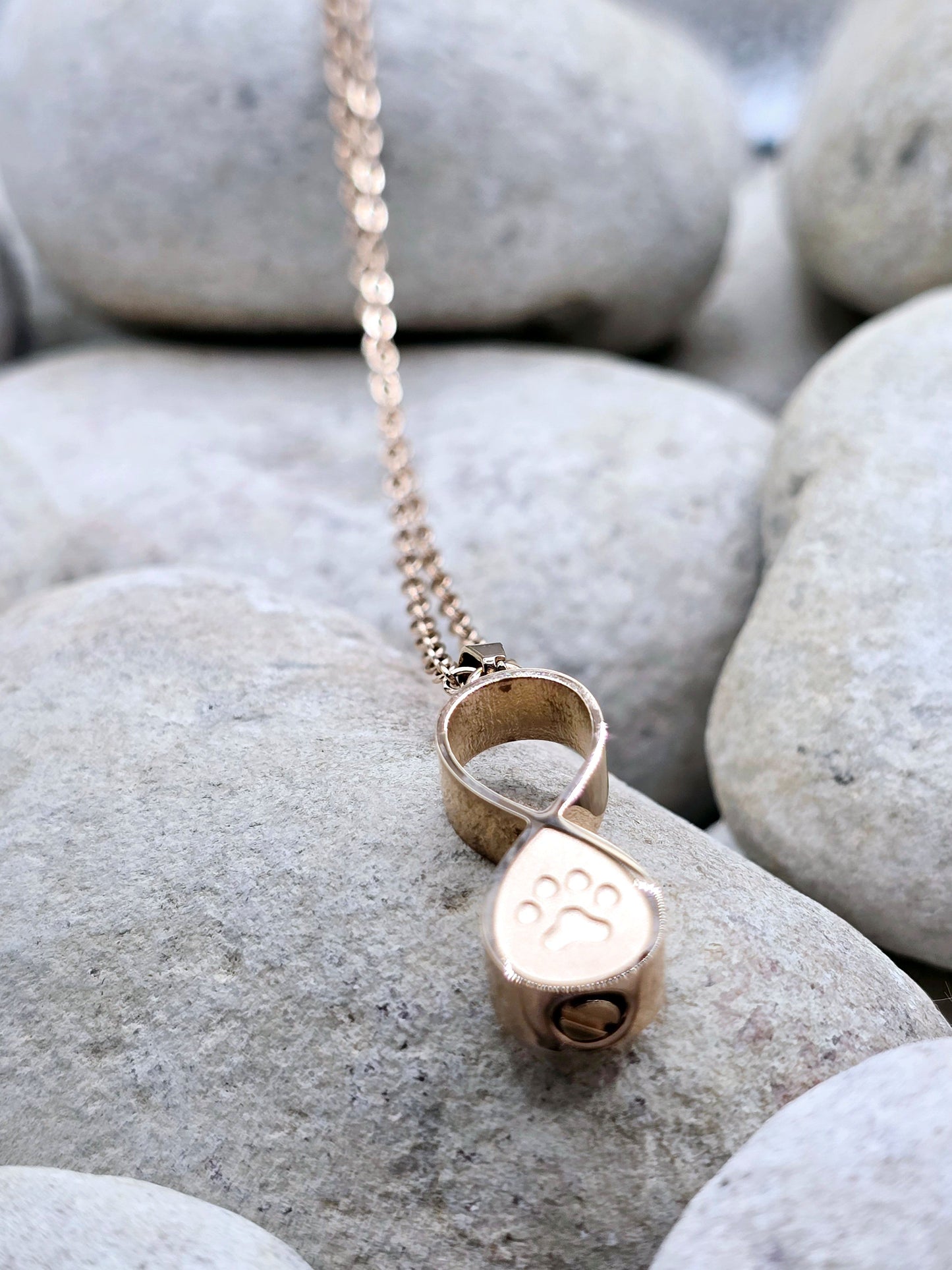 Rose gold infinity paw pet urn necklace