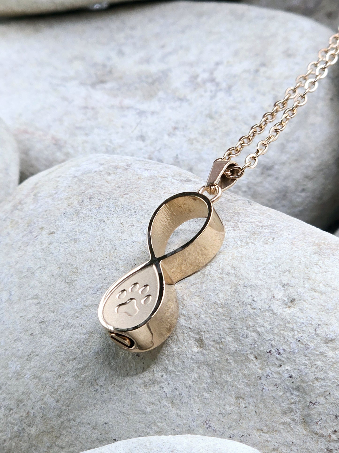 Rose gold infinity paw pet urn necklace