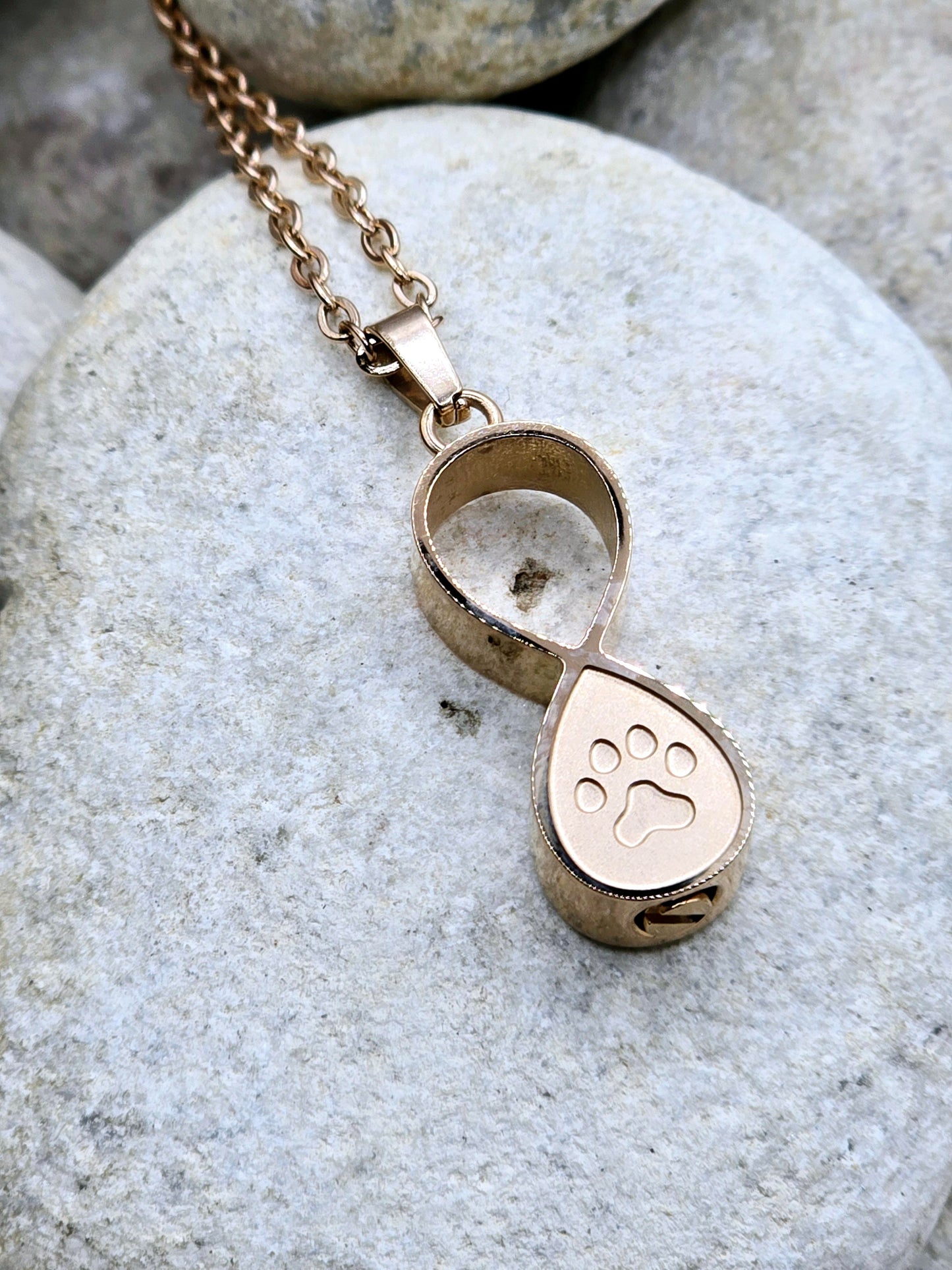 Rose gold infinity paw pet urn necklace
