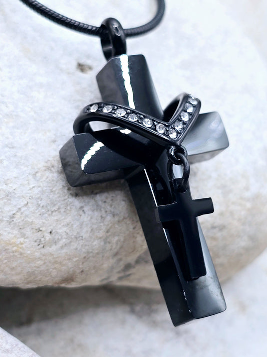 Black cross urn pendant and chain