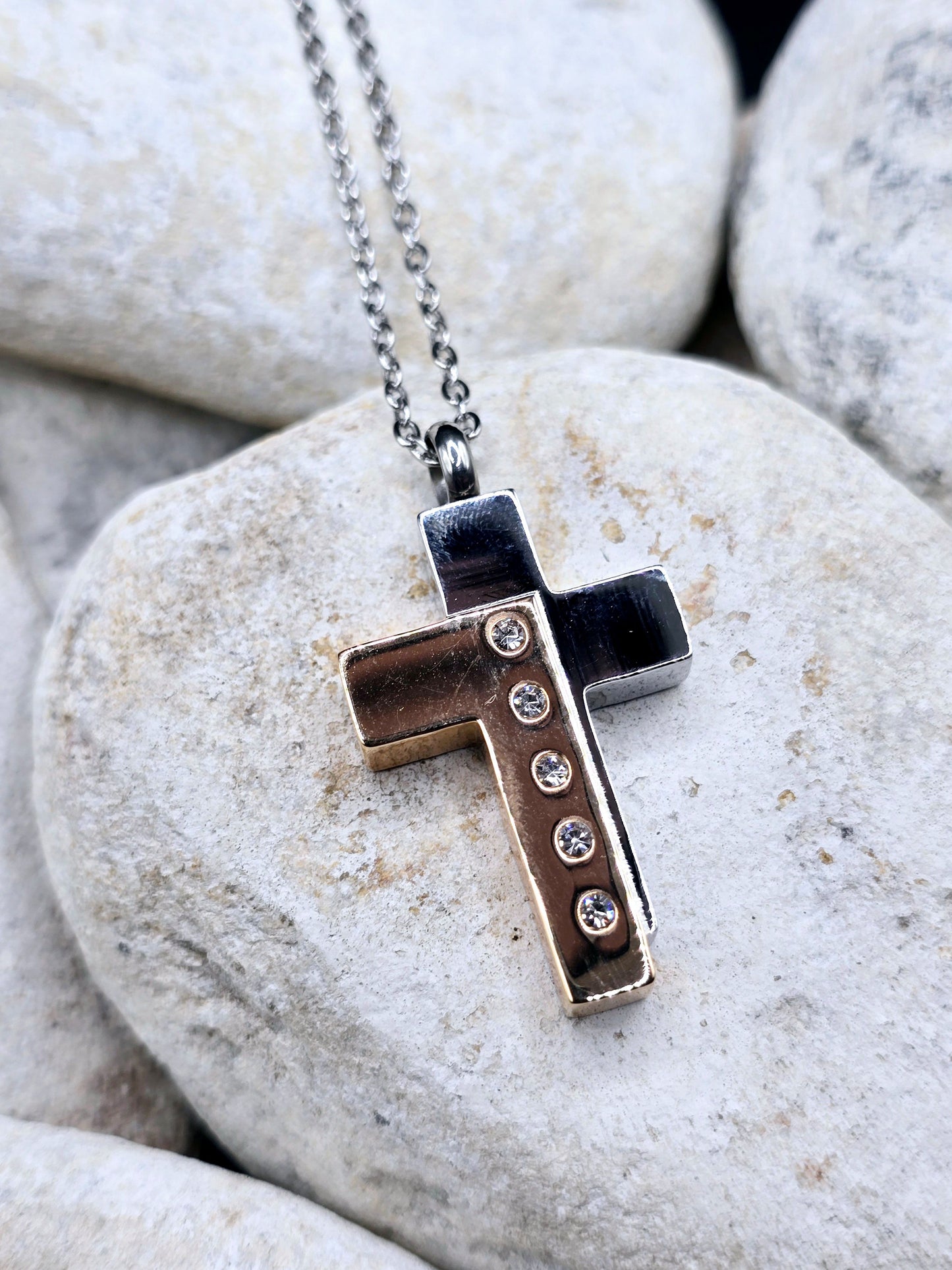 Cross and stone urn necklace