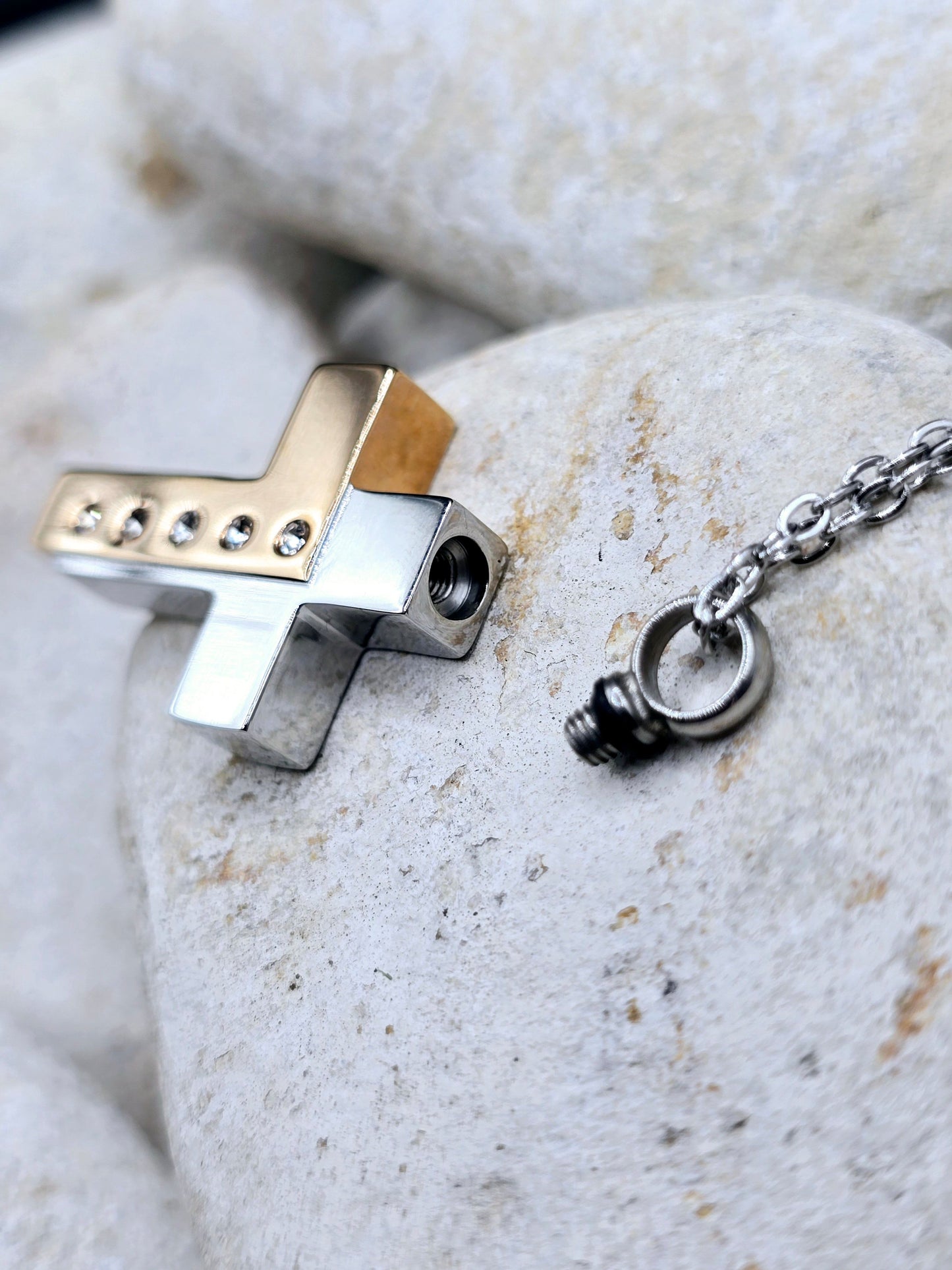 Cross and stone urn necklace