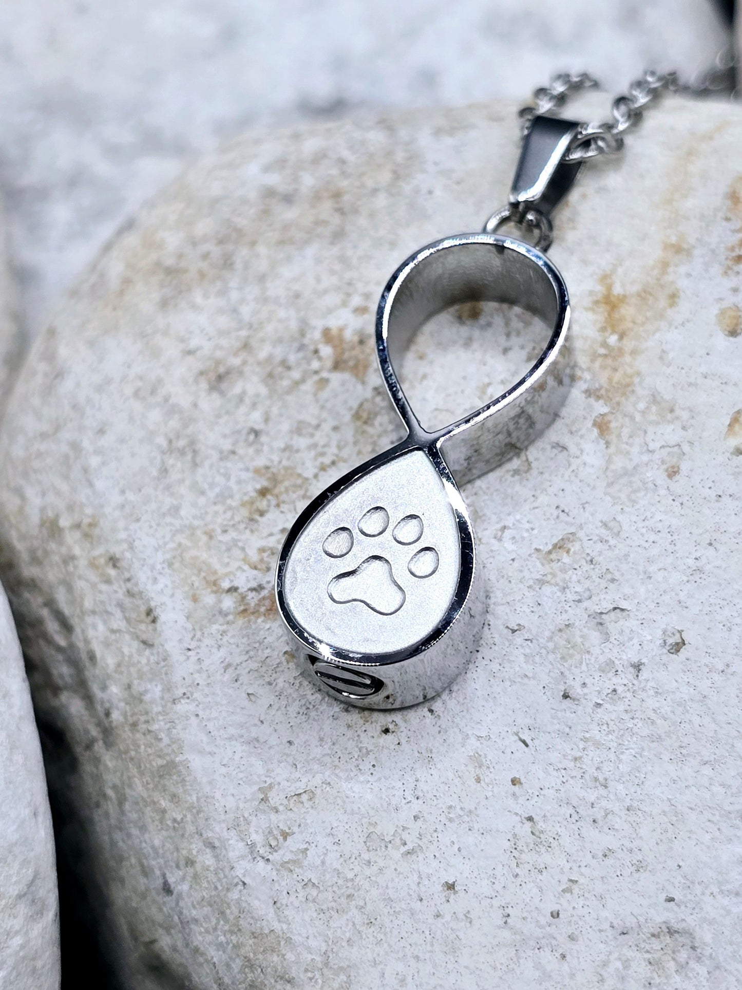 Silver infinity pet urn necklace
