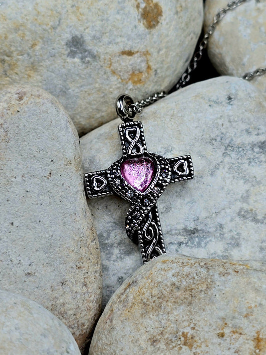 Stainless steel cross with purple stone
